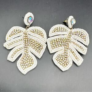 Oversized Large Palm Tree Earring Beaded Monstera Leaf    Dangle Cream White